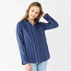 Women's Sonoma Goods For Life® Essential Everyday Button-Down Shirt -StyleUp Sales Store 4991213 Blue Multi Stripe