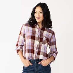 Women's Sonoma Goods For Life® Essential Everyday Button-Down Shirt -StyleUp Sales Store 4991213 Brown Purple Plaid