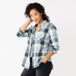 Women's Sonoma Goods For Life® Essential Everyday Button-Down Shirt -StyleUp Sales Store 4991213 Green Blue Plaid