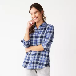 Women's Sonoma Goods For Life® Essential Everyday Button-Down Shirt -StyleUp Sales Store 4991213 Light Blue Plaid