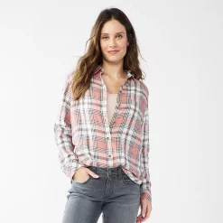 Women's Sonoma Goods For Life® Essential Everyday Button-Down Shirt -StyleUp Sales Store 4991213 Mauve Plaid