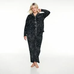 Plus Size Sonoma Goods For Life® Velour Pajama Shirt & Pajama Pants Set -StyleUp Sales Store 5033014 Black Stars
