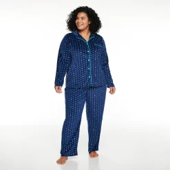 Plus Size Sonoma Goods For Life® Velour Pajama Shirt & Pajama Pants Set -StyleUp Sales Store 5033014 Navy Dot