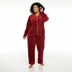 Plus Size Sonoma Goods For Life® Velour Pajama Shirt & Pajama Pants Set -StyleUp Sales Store 5033014 Red Embossed Heart