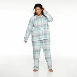Plus Size Sonoma Goods For Life® Flannel Pajama Shirt & Pajama Pants Set -StyleUp Sales Store 5146738 Aqua Heather Buffalo