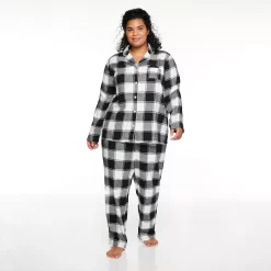 Plus Size Sonoma Goods For Life® Flannel Pajama Shirt & Pajama Pants Set -StyleUp Sales Store 5146738 Black White Buffalo