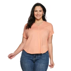 Plus Size Sonoma Goods For Life® Dolman Short Sleeve Button Front Top -StyleUp Sales Store 5204508 Carolina Peach