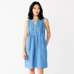Women's Sonoma Goods For Life® Pintuck Linen-Blend Dress -StyleUp Sales Store 5215954 Chambray