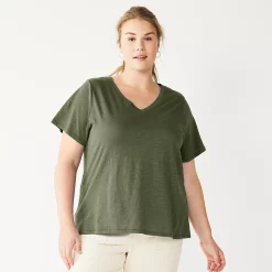 Plus Size Sonoma Goods For Life® Everyday V-Neck Tee -StyleUp Sales Store 5232140 Olive Night