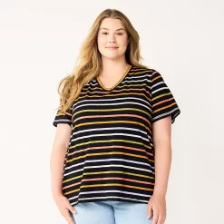 Plus Size Sonoma Goods For Life® Everyday V-Neck Tee -StyleUp Sales Store 5232145 Black Multi Stripe