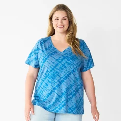 Plus Size Sonoma Goods For Life® Everyday V-Neck Tee -StyleUp Sales Store 5232145 Blue Diagonal Dye