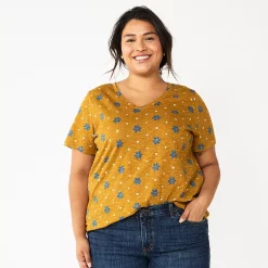 Plus Size Sonoma Goods For Life® Everyday V-Neck Tee -StyleUp Sales Store 5232145 Gold Blue Foral