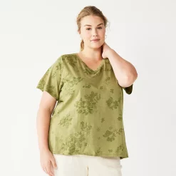 Plus Size Sonoma Goods For Life® Everyday V-Neck Tee -StyleUp Sales Store 5232145 Green Floral