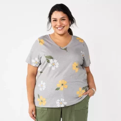 Plus Size Sonoma Goods For Life® Everyday V-Neck Tee -StyleUp Sales Store 5232145 Large Gray Floral
