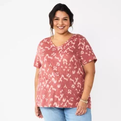 Plus Size Sonoma Goods For Life® Everyday V-Neck Tee -StyleUp Sales Store 5232145 Mauve Ikat Dye