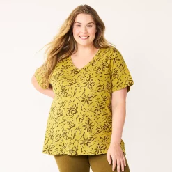 Plus Size Sonoma Goods For Life® Everyday V-Neck Tee -StyleUp Sales Store 5232145 Olive Ornate Floral