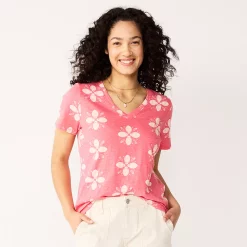 Plus Size Sonoma Goods For Life® Everyday V-Neck Tee -StyleUp Sales Store 5232145 Pink Geo Flower