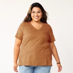 Plus Size Sonoma Goods For Life® Everyday V-Neck Tee -StyleUp Sales Store 5232145 Texture Brown