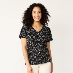 Petite Sonoma Goods For Life® Everyday Short Sleeve V-Neck Tee -StyleUp Sales Store 5234230 Black Sun Trees