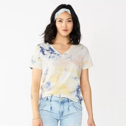 Petite Sonoma Goods For Life® Everyday Short Sleeve V-Neck Tee -StyleUp Sales Store 5234230 Blue Peach Tie Dye