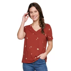 Petite Sonoma Goods For Life® Everyday Short Sleeve V-Neck Tee -StyleUp Sales Store 5234230 Burgandy Rust Floral