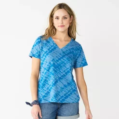 Petite Sonoma Goods For Life® Everyday Short Sleeve V-Neck Tee -StyleUp Sales Store 5234230 Indigo Diagonal Dye