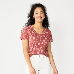 Petite Sonoma Goods For Life® Everyday Short Sleeve V-Neck Tee -StyleUp Sales Store 5234230 Mauve Ikat Dye