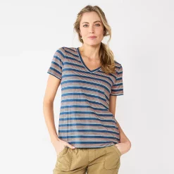 Petite Sonoma Goods For Life® Everyday Short Sleeve V-Neck Tee -StyleUp Sales Store 5234230 Navy Multi Stripe