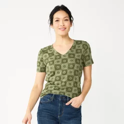 Petite Sonoma Goods For Life® Everyday Short Sleeve V-Neck Tee -StyleUp Sales Store 5234230 Olive Check Floral