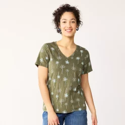 Petite Sonoma Goods For Life® Everyday Short Sleeve V-Neck Tee -StyleUp Sales Store 5234230 Olive Teal Palm Trees
