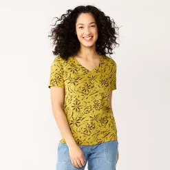 Petite Sonoma Goods For Life® Everyday Short Sleeve V-Neck Tee -StyleUp Sales Store 5234230 Ornate Olive Floral