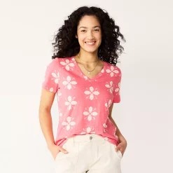 Petite Sonoma Goods For Life® Everyday Short Sleeve V-Neck Tee -StyleUp Sales Store 5234230 Pink Geo Flower