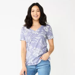 Petite Sonoma Goods For Life® Everyday Short Sleeve V-Neck Tee -StyleUp Sales Store 5234230 Purple Floral