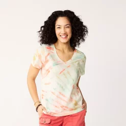 Petite Sonoma Goods For Life® Everyday Short Sleeve V-Neck Tee -StyleUp Sales Store 5234230 Red White Blue Tie Dye