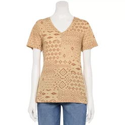 Petite Sonoma Goods For Life® Everyday Short Sleeve V-Neck Tee -StyleUp Sales Store 5234230 Tan Patchwork