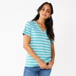 Petite Sonoma Goods For Life® Everyday Short Sleeve V-Neck Tee -StyleUp Sales Store 5234230 Teal Multi Stripe