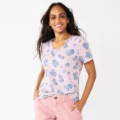 Petite Sonoma Goods For Life® Everyday Short Sleeve V-Neck Tee -StyleUp Sales Store 5234230 Wavy Pink Floral