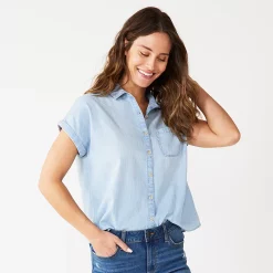 Petite Sonoma Goods For Life® Short Sleeve Button Down Shirt -StyleUp Sales Store 5243772 Light Wash Chambray