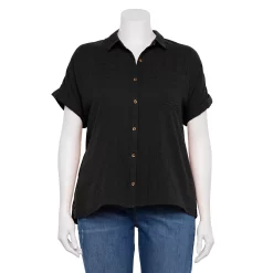 Plus Size Sonoma Goods For Life® Short Sleeve Button Down Top -StyleUp Sales Store 5258112 Black
