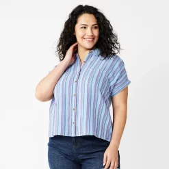 Plus Size Sonoma Goods For Life® Short Sleeve Button Down Top -StyleUp Sales Store 5258112 Blue Happy Stripe