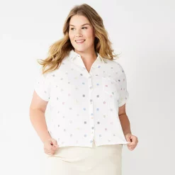 Plus Size Sonoma Goods For Life® Short Sleeve Button Down Top -StyleUp Sales Store 5258112 Cream Sun Print