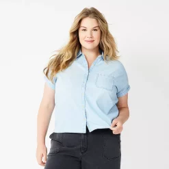 Plus Size Sonoma Goods For Life® Short Sleeve Button Down Top -StyleUp Sales Store 5258112 Light Wash Chambray