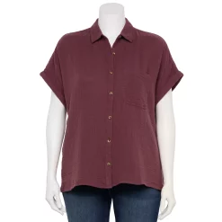 Plus Size Sonoma Goods For Life® Short Sleeve Button Down Top -StyleUp Sales Store 5258112 Plum Prune