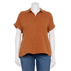 Plus Size Sonoma Goods For Life® Short Sleeve Button Down Top -StyleUp Sales Store 5258112 Rust