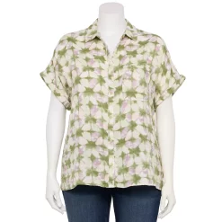 Plus Size Sonoma Goods For Life® Short Sleeve Button Down Top -StyleUp Sales Store 5258112 Sage Triangle Dye