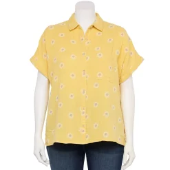 Plus Size Sonoma Goods For Life® Short Sleeve Button Down Top -StyleUp Sales Store 5258112 Yellow Textured Daisy