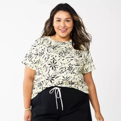Plus Size Sonoma Goods For Life® Everyday Crewneck Tee -StyleUp Sales Store 5259072 Cream Black Floral