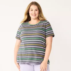 Plus Size Sonoma Goods For Life® Everyday Crewneck Tee -StyleUp Sales Store 5259072 Gray Purple Stripe