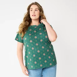 Plus Size Sonoma Goods For Life® Everyday Crewneck Tee -StyleUp Sales Store 5259072 Green Pink Floral