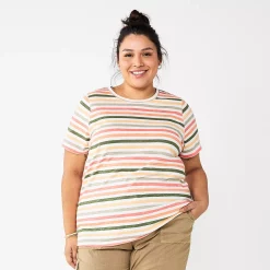 Plus Size Sonoma Goods For Life® Everyday Crewneck Tee -StyleUp Sales Store 5259072 Olive Multi Stripe